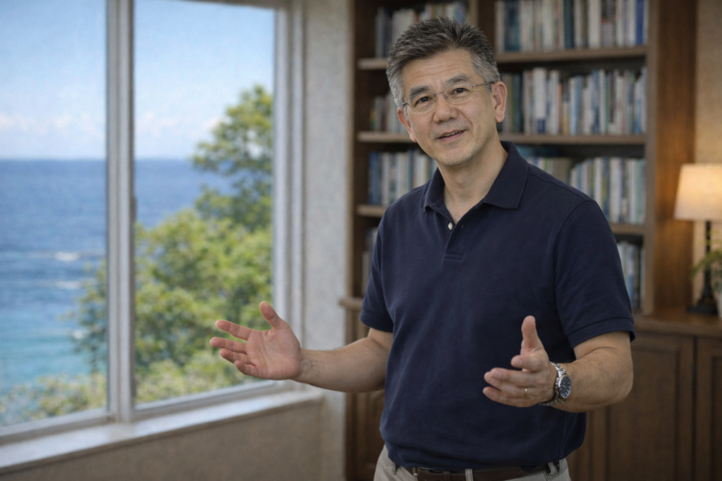 自己紹介をしている末森冨士雄のイメージ画像|ChatGPTで加工しています。
