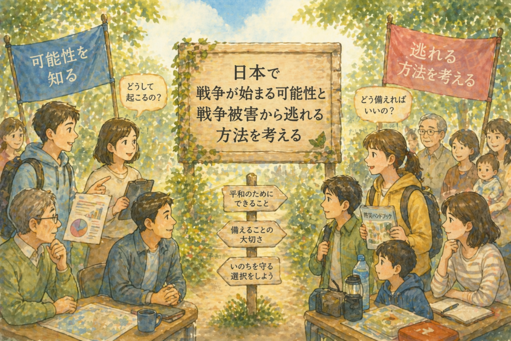 日本で戦争が始まる可能性と戦争被害から逃れる方法を考えるのイメージ画像｜AIで作成しています。