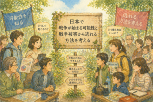 日本で戦争が始まる可能性と戦争被害から逃れる方法を考えるのイメージ画像｜AIで作成しています。
