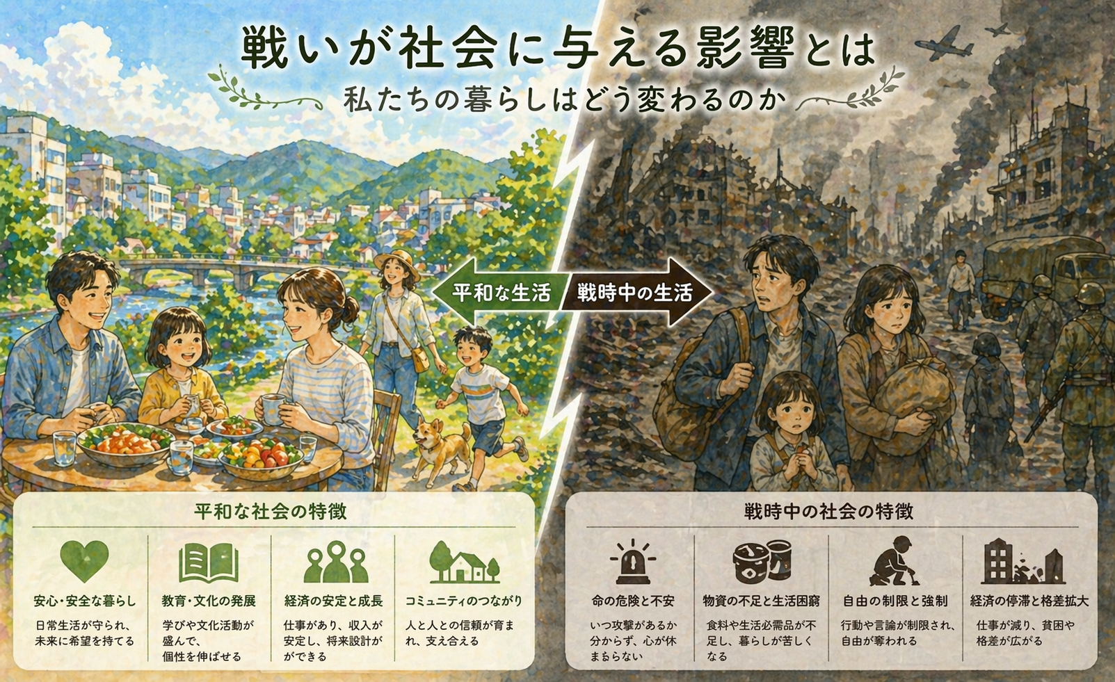 戦いが社会に与える影響とは｜私たちの暮らしはどう変わるのかのイメージ画像｜AIで作成しています。