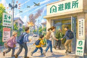 戦争が始まったら国民には避難経路と避難所の確保が重要ですのイメージ画像｜AIで作成。