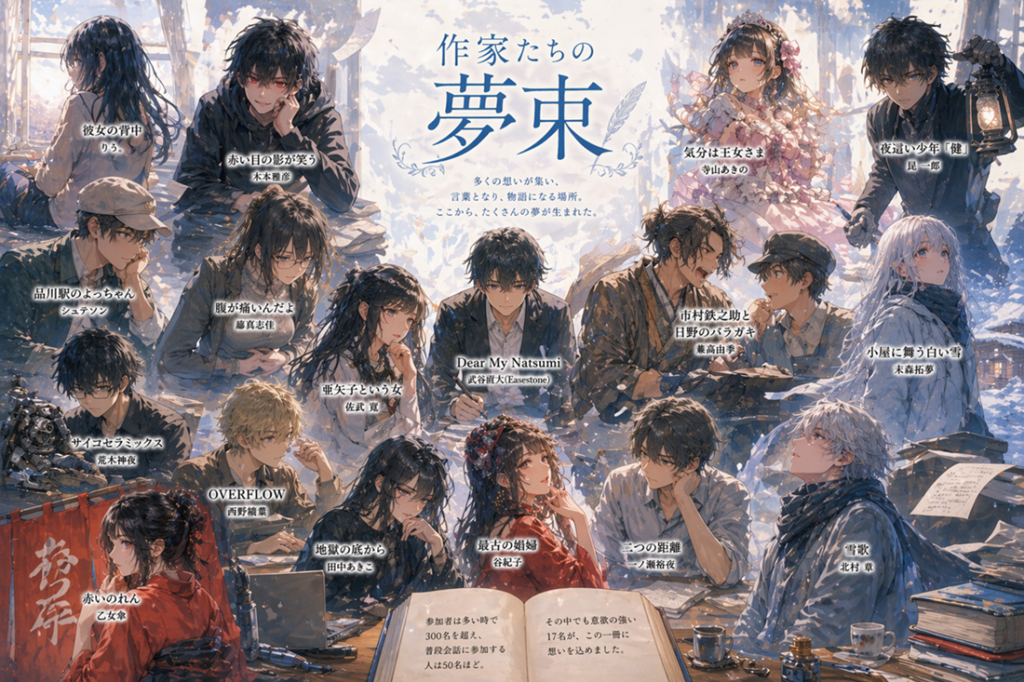 作家たちの夢束・イメージ（AIにて作成、17名の作家が執筆しました）